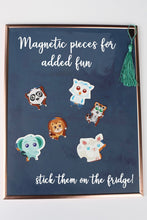 Load image into Gallery viewer, An interactive board book that teaches your child about stories from the Quran while they play. There are 6 spreads with 6 different activities and stories. Each activity is interactive and engaging. The book is made of thick cardboard to withstand little toddler hands. Pieces are magnetic and can be turned and twisted without breaking. In addition the book has laminated glossy pages with bright colors to keep your child engaged!