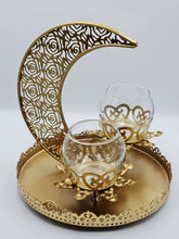Load image into Gallery viewer, This Ramadan light up your home with this beautiful and elegant tray candle holder. The metal tray holder has Crescent Moon and two small candle holder sit in the middle.