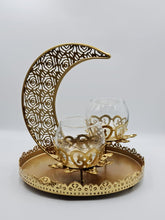 Load image into Gallery viewer, This Ramadan light up your home with this beautiful and elegant tray candle holder. The metal tray holder has Crescent Moon and two small candle holder sit in the middle.