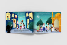 Load image into Gallery viewer, “Take Suhoor for there is blessing in it” Bukhari It’s Ramadan and Adam loves this special time of year, but there’s a growing problem; people in Adam’s neighbourhood are not waking up for the pre-fast meal (Suhoor) or the dawn prayer (Fajr). Sadly they are forgetting these important early morning activities for Ramadan, which have now become a distant memory. Can Adam’s father help to wake the people up in time by rising to the challenge of becoming the neighbourhood waker-upper, the Ramadan Drummer?