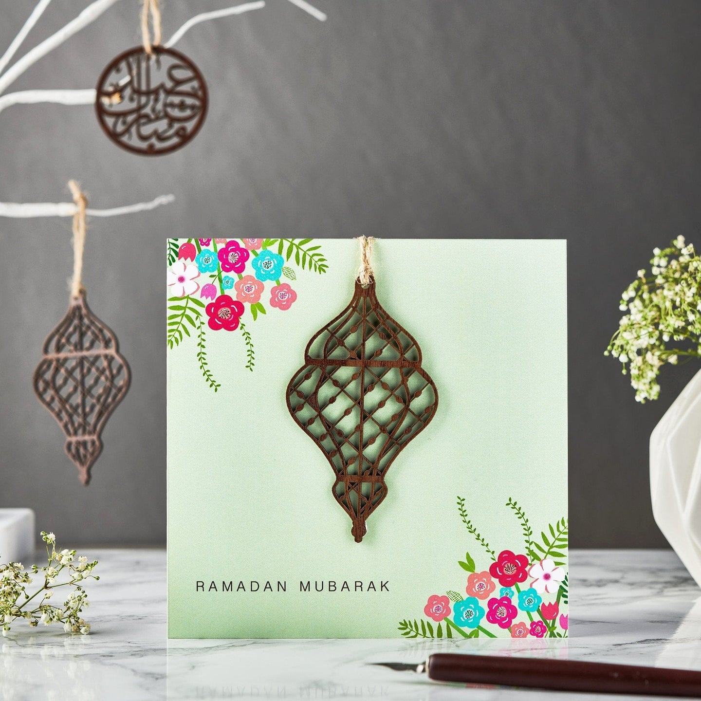 Laser Cut Wooden Lantern Ramadan Mubarak Card - Mint
