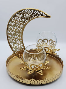 This Ramadan light up your home with this beautiful and elegant tray candle holder. The metal tray holder has Crescent Moon and two small candle holder sit in the middle.
