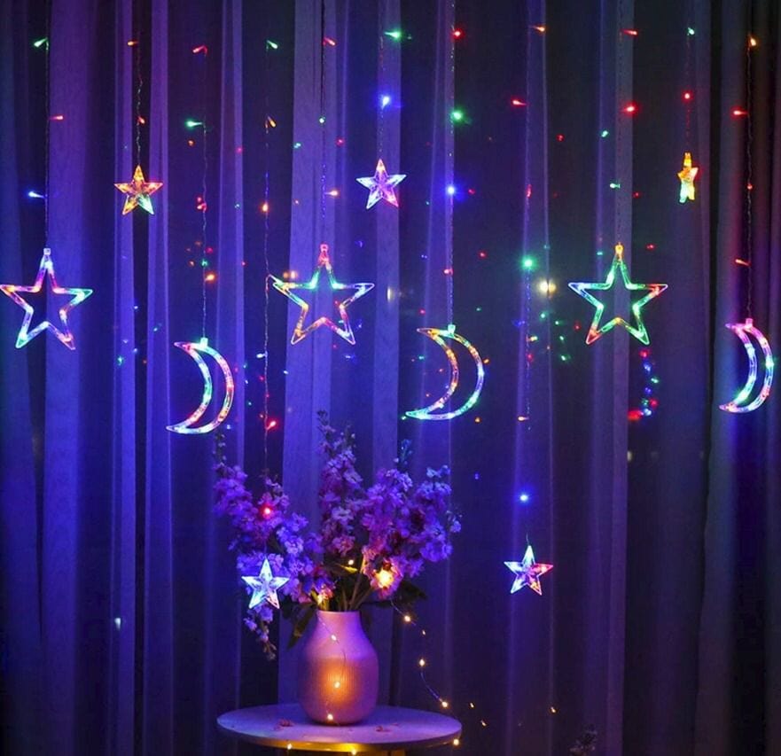 These Ramadan Curtain String Light in star and moon shape with plug in adaptor is easy to install and use, directly plug in and unplug it for power on and off.